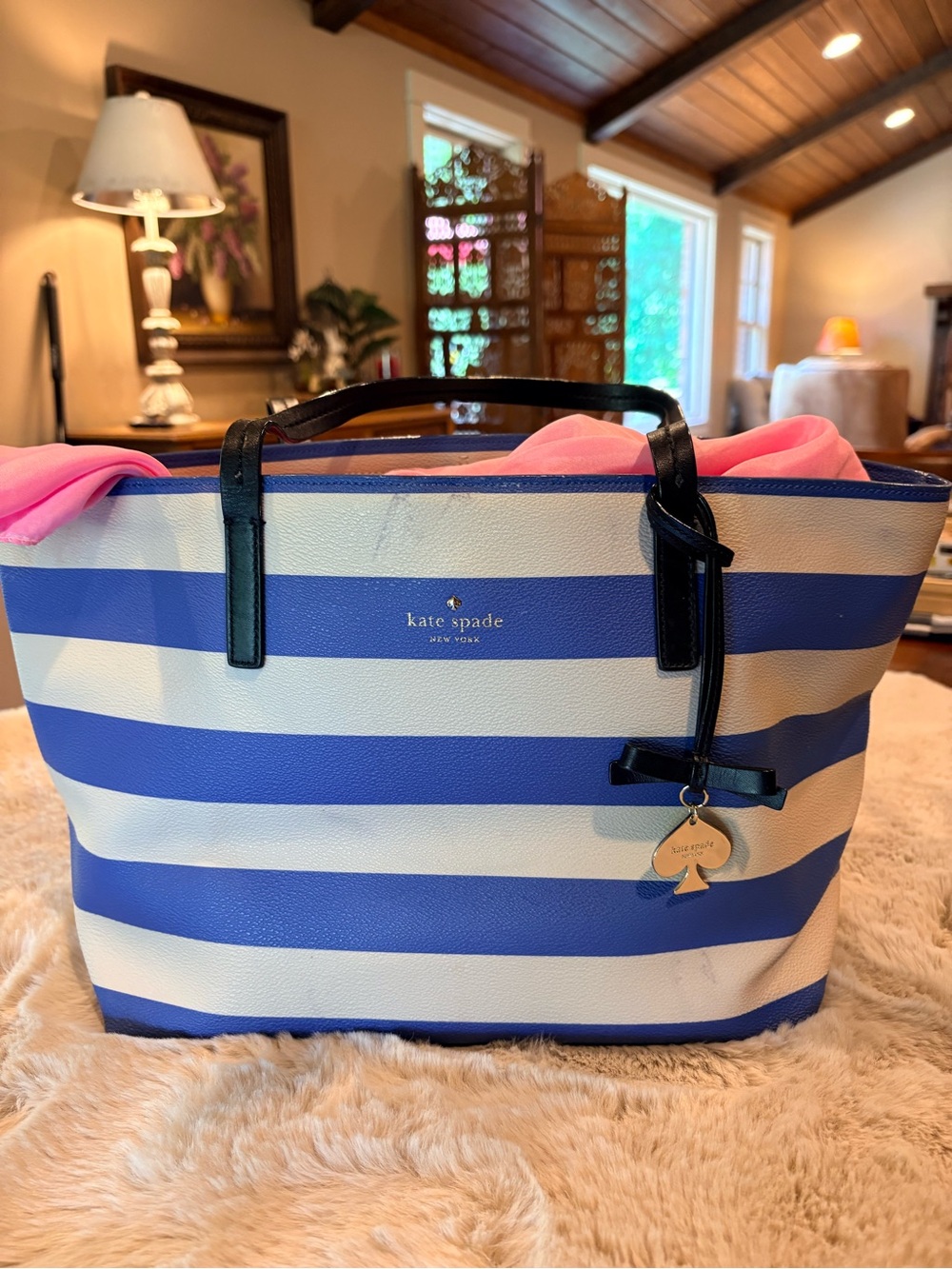 kate spade New York Blue & White Striped Tote Bag with Pink scarf